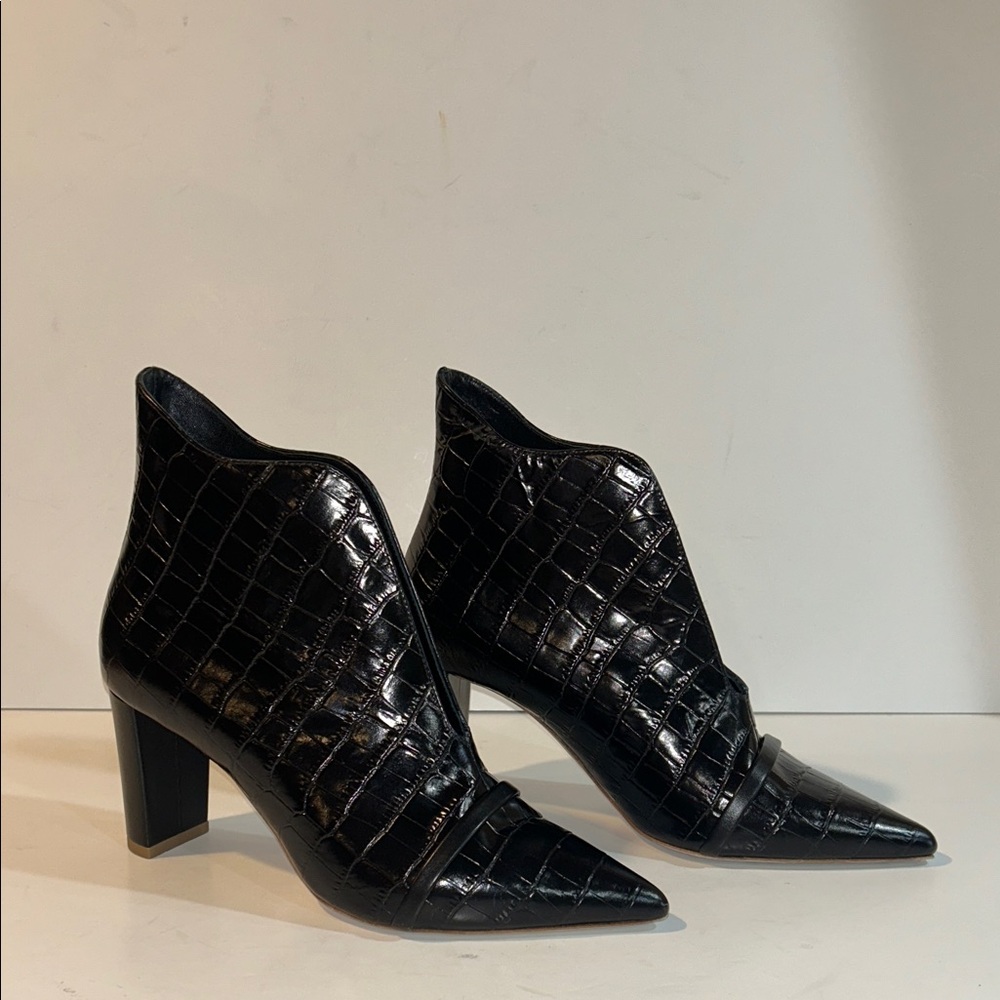 Malone Souliers Clara Black Croc-Embossed Pointed Ankle Boots - Picture 2 of 15